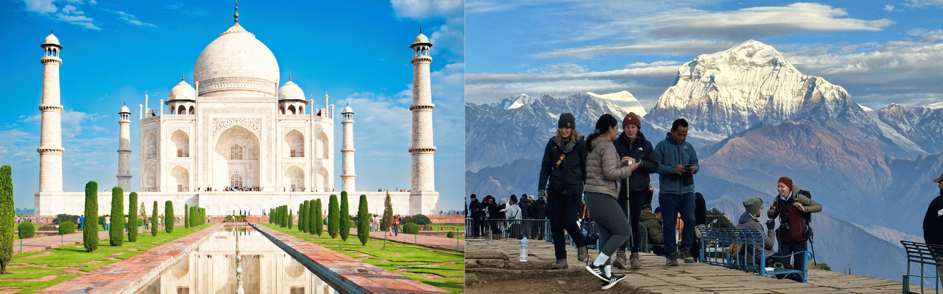 Composite image showing the Taj Mahal in Agra, India, and trekkers at the Poon Hill viewpoint in the Nepal Himalayas, representing a luxury, multi-country cultural and trekking tour package.