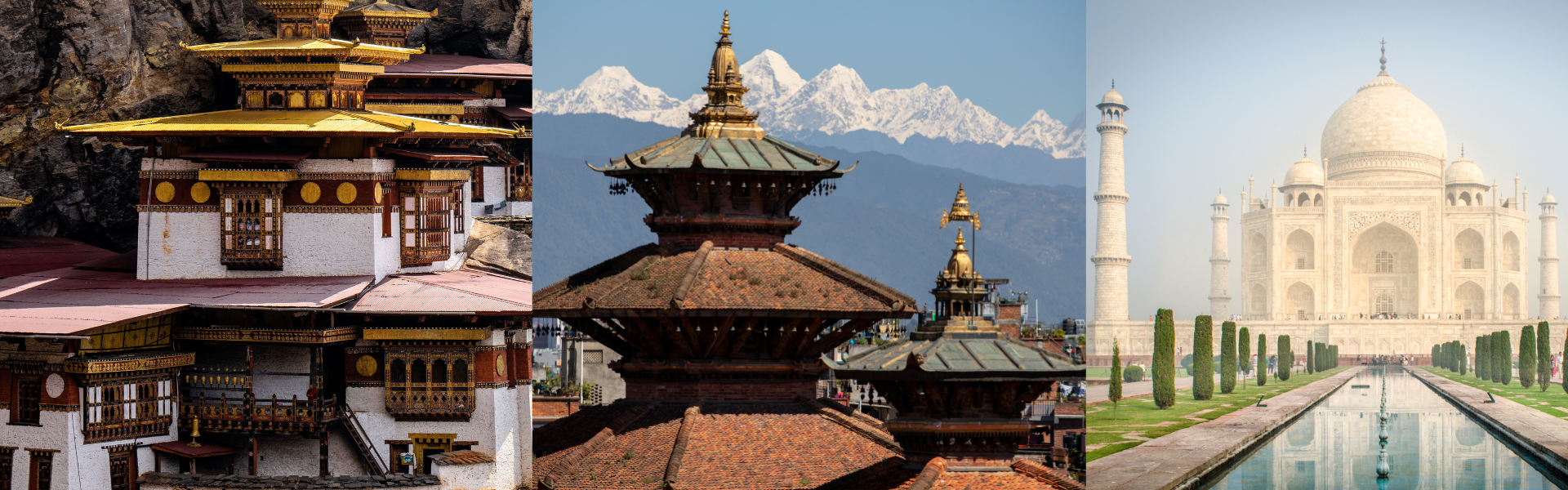 Architectural highlights from a South Asia tour: the Tiger's Nest Monastery in Bhutan, a temple in Nepal with Himalayan background, and the Taj Mahal in India.