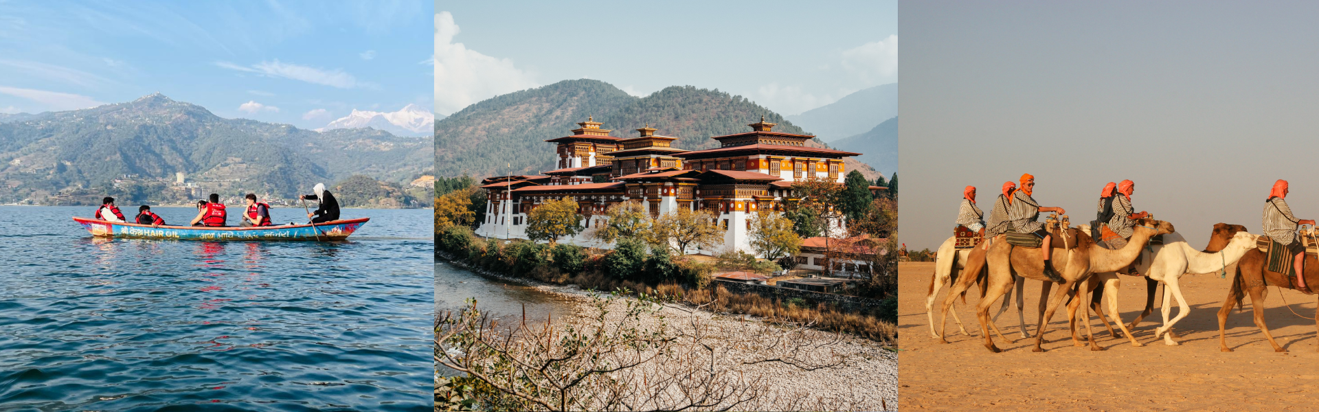 A triptych showing a boat on a lake in Nepal, a fortress-monastery in Bhutan, and a camel safari in the desert of India.