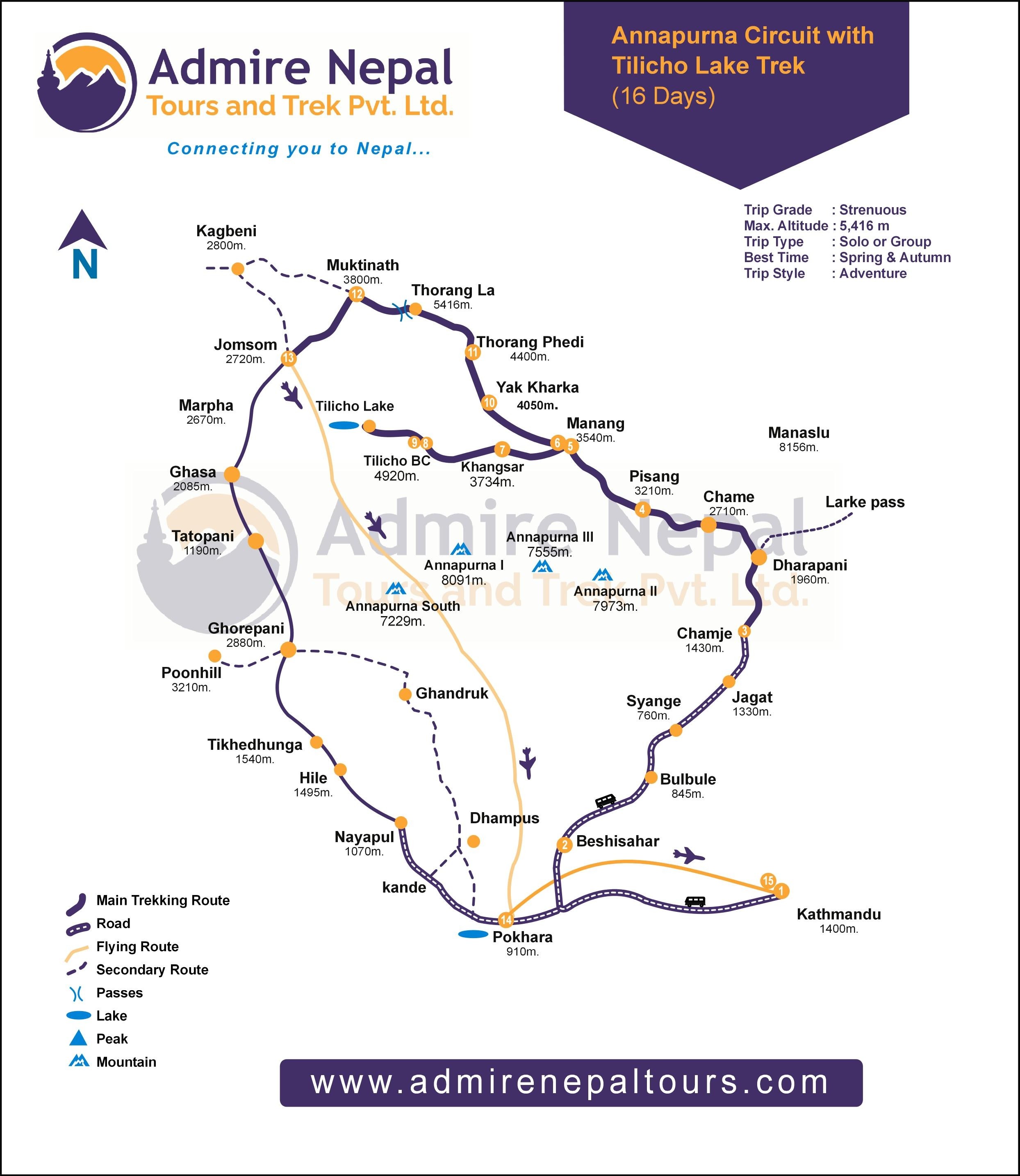 Annapurna Circuit with Tilicho Lake Trek 16 Days map