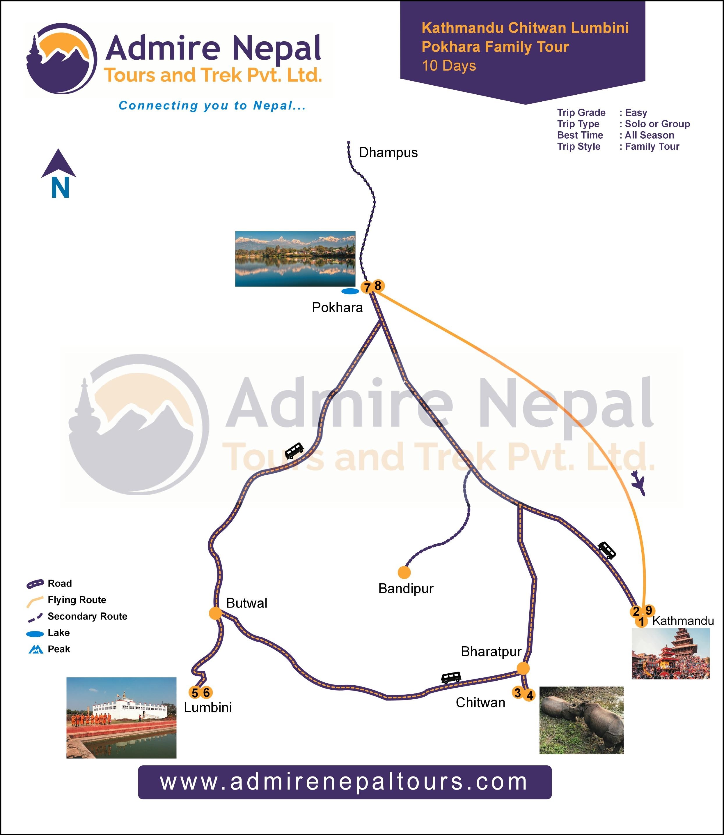 Kathmandu Chitwan Lumbini Pokhara Family Tour 10 Days map