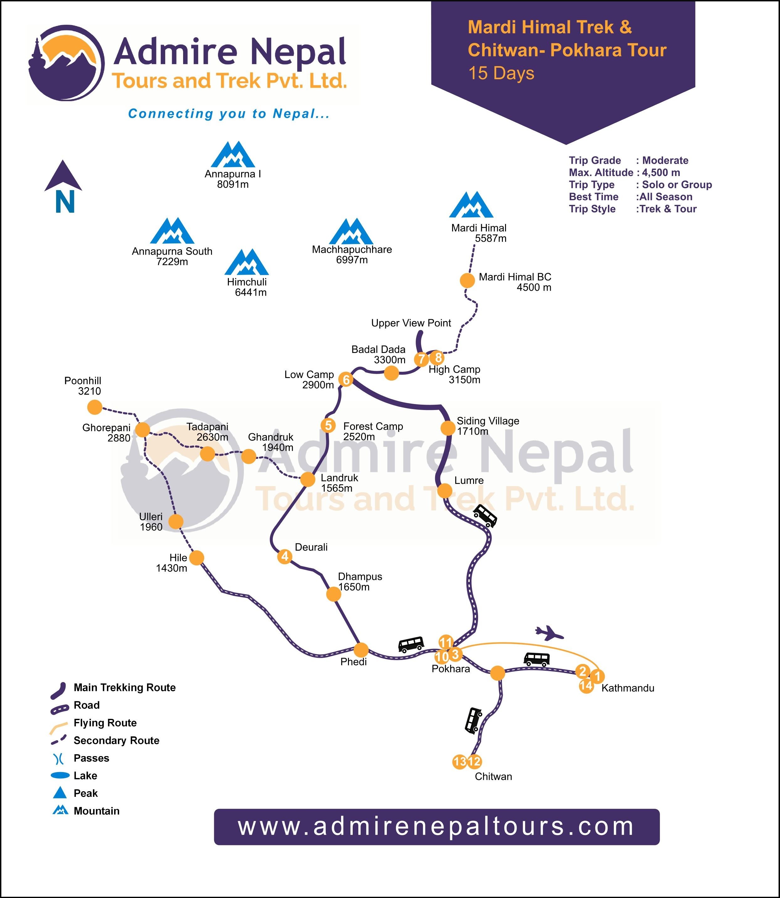 Mardi Himal Trek & Chitwan- Pokhara Tour 15 Days map