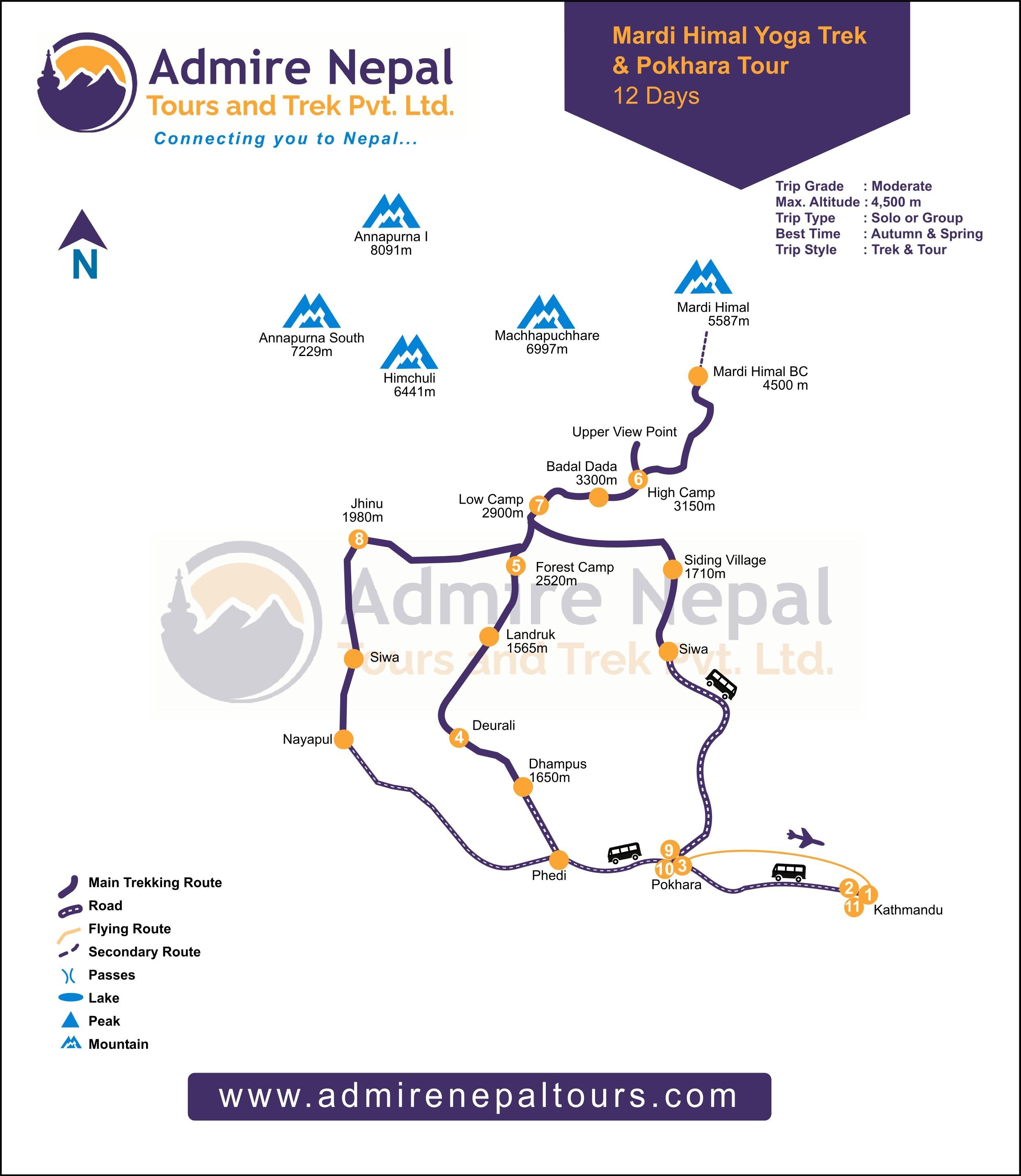 Mardi Himal Yoga Trek & Pokhara Tour 12 Days map